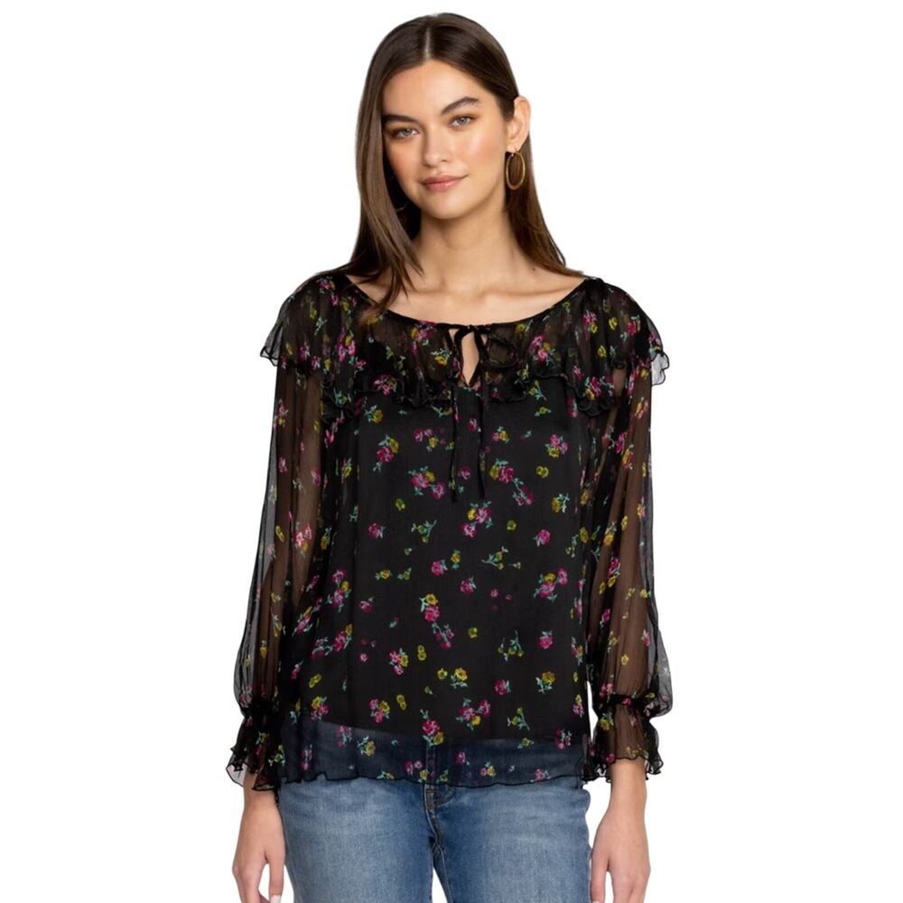 Johnny Was Jade Fernanda Silk Peasant Romantic Sheer Floral Ruffle Blouse Size L - Picture 3 of 14